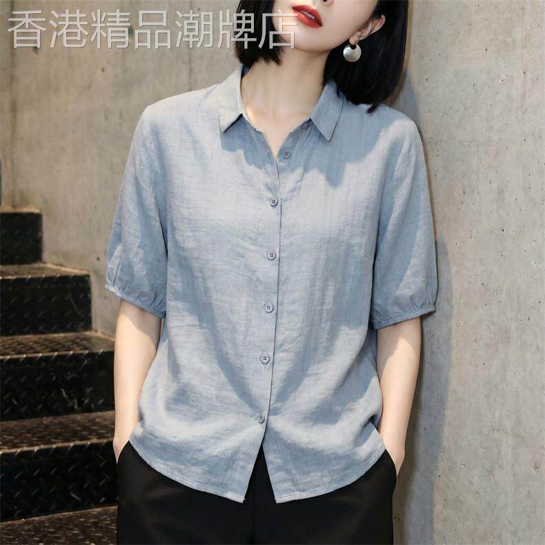 复古翻领棉麻短袖衬衫女士夏季新款大尺码宽松显瘦亚麻衬衫气质上