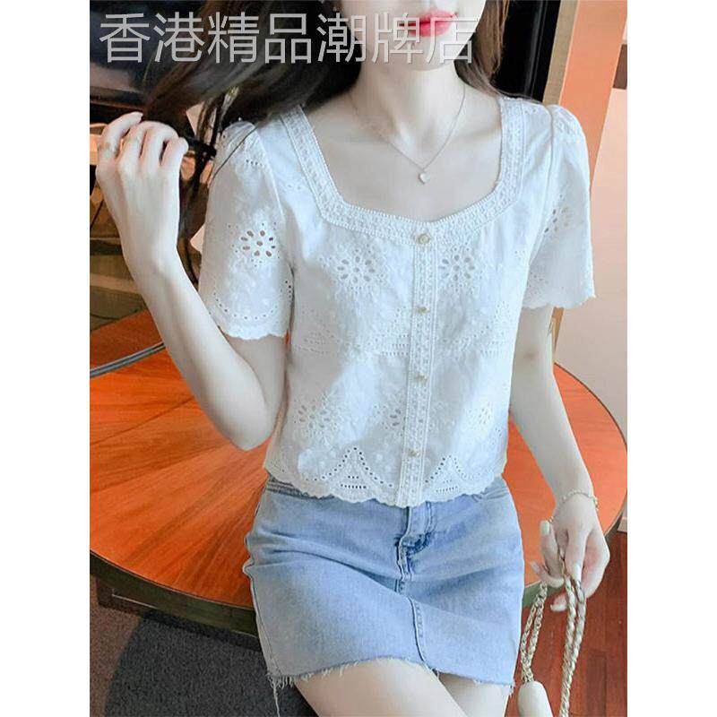 白色蕾丝方领女式短袖衬衫夏季欧洲站新时尚甜美优雅修身短t恤