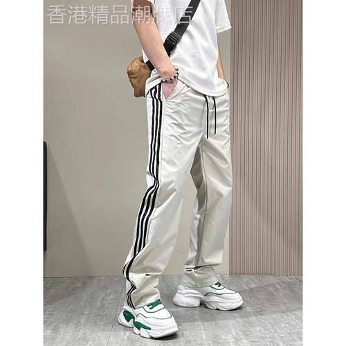轻奢夏季薄款条纹速干休闲裤子男士三道杠运动裤潮牌宽松直筒长裤