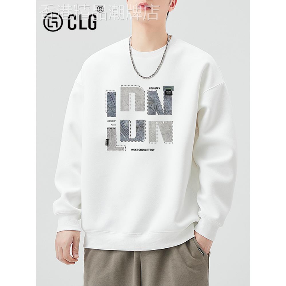 香港Clg时尚品牌美国字母印花圆领天鹅绒运动衫重型宽松外套男士