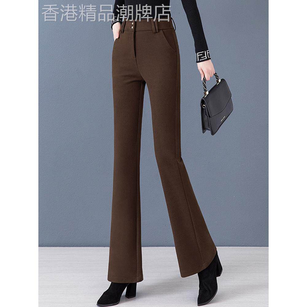 咖色毛呢微喇裤女秋冬加绒加厚高腰显瘦垂感阔腿喇叭休闲西装裤子