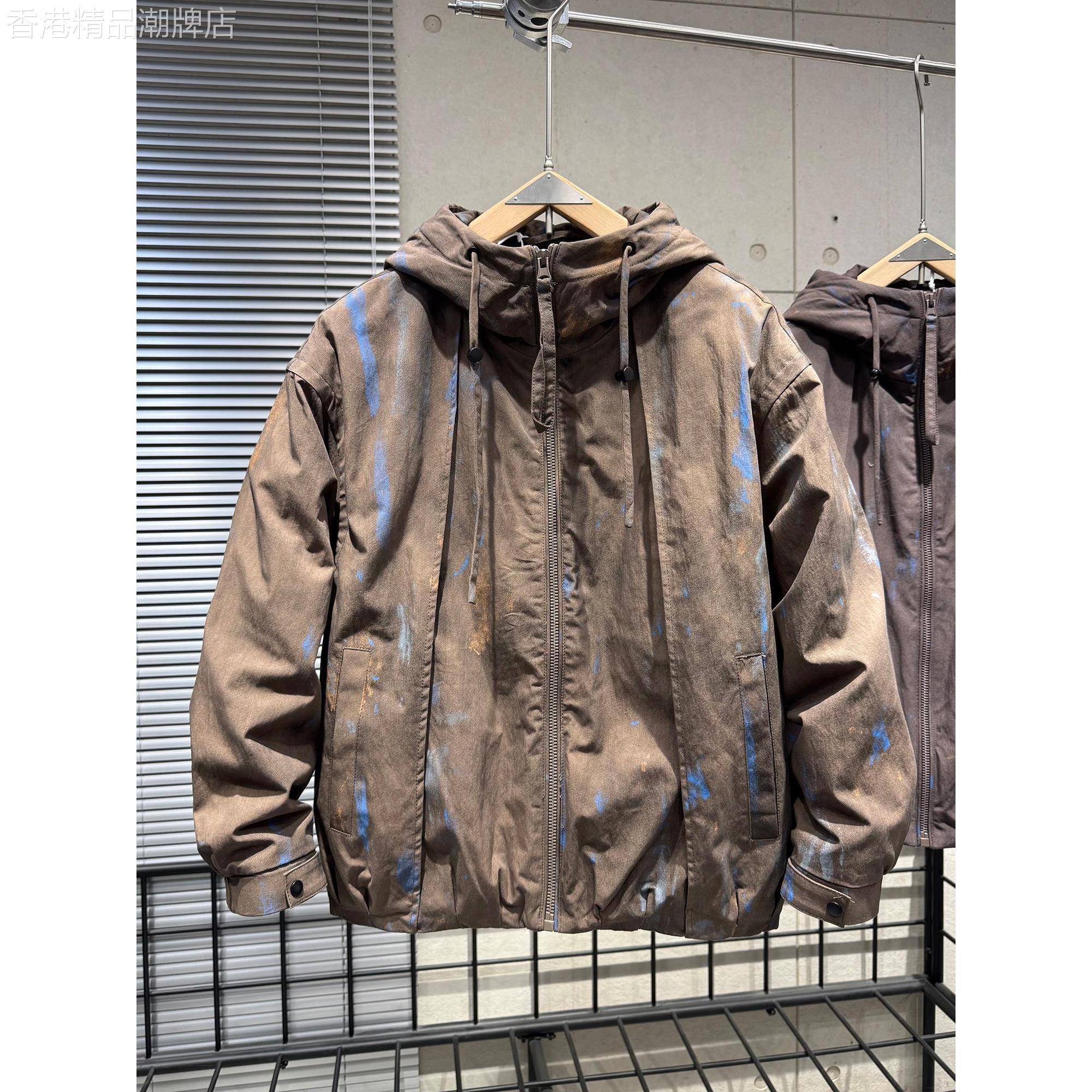 代购冬季连帽棉服外套男潮牌美式涂鸦短款棉衣夹克休闲宽松二棉男
