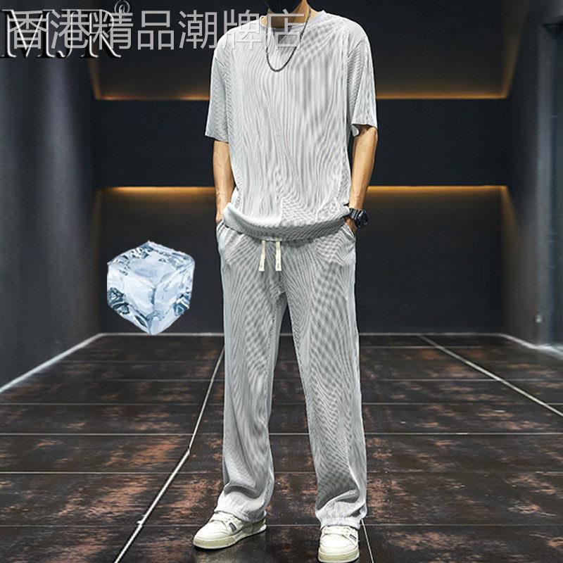 高端男士休闲运动套装2026新款男装夏装冰丝速干短袖长裤两件套薄