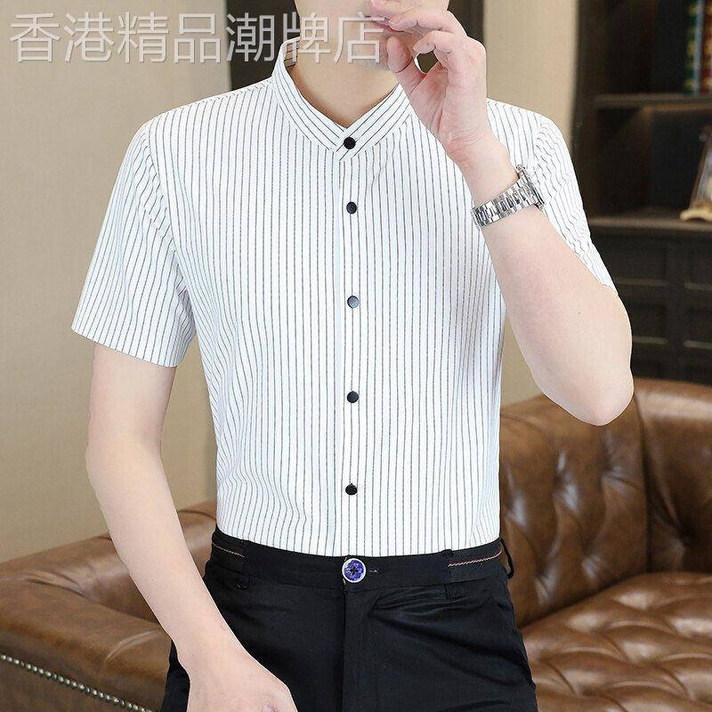 潮牌夏季薄款冰丝短袖衬衫男士修身条纹半袖衬衣休闲百搭立领上衣