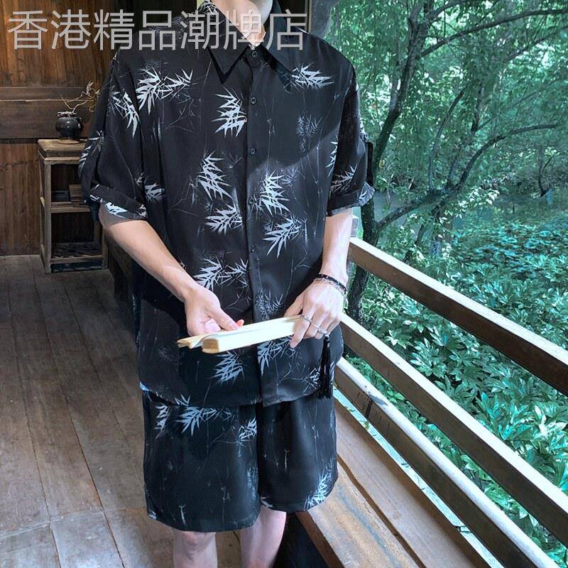冰丝薄款竹节衬衫套装男士夏季新款衬衣唐装中国风短袖短裤一整套