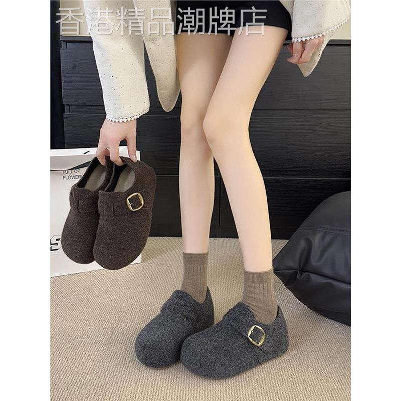 香港覆古毛呢全包平底加绒勃肯鞋秋冬新款内增高一脚蹬保暖博肯鞋