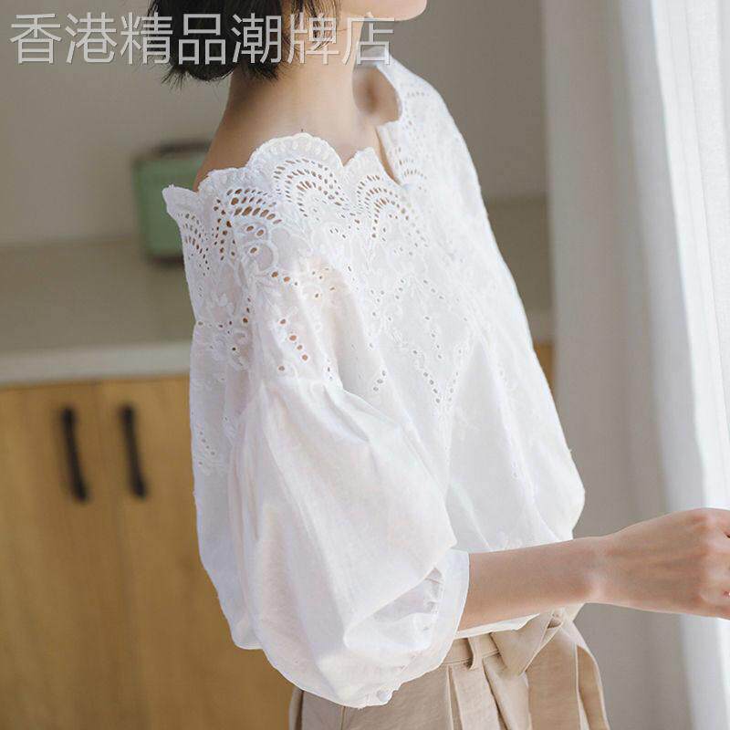 蕾丝衬衫短袖女夏季2025新款韩版宽松刺绣设计感小众白色镂空上衣