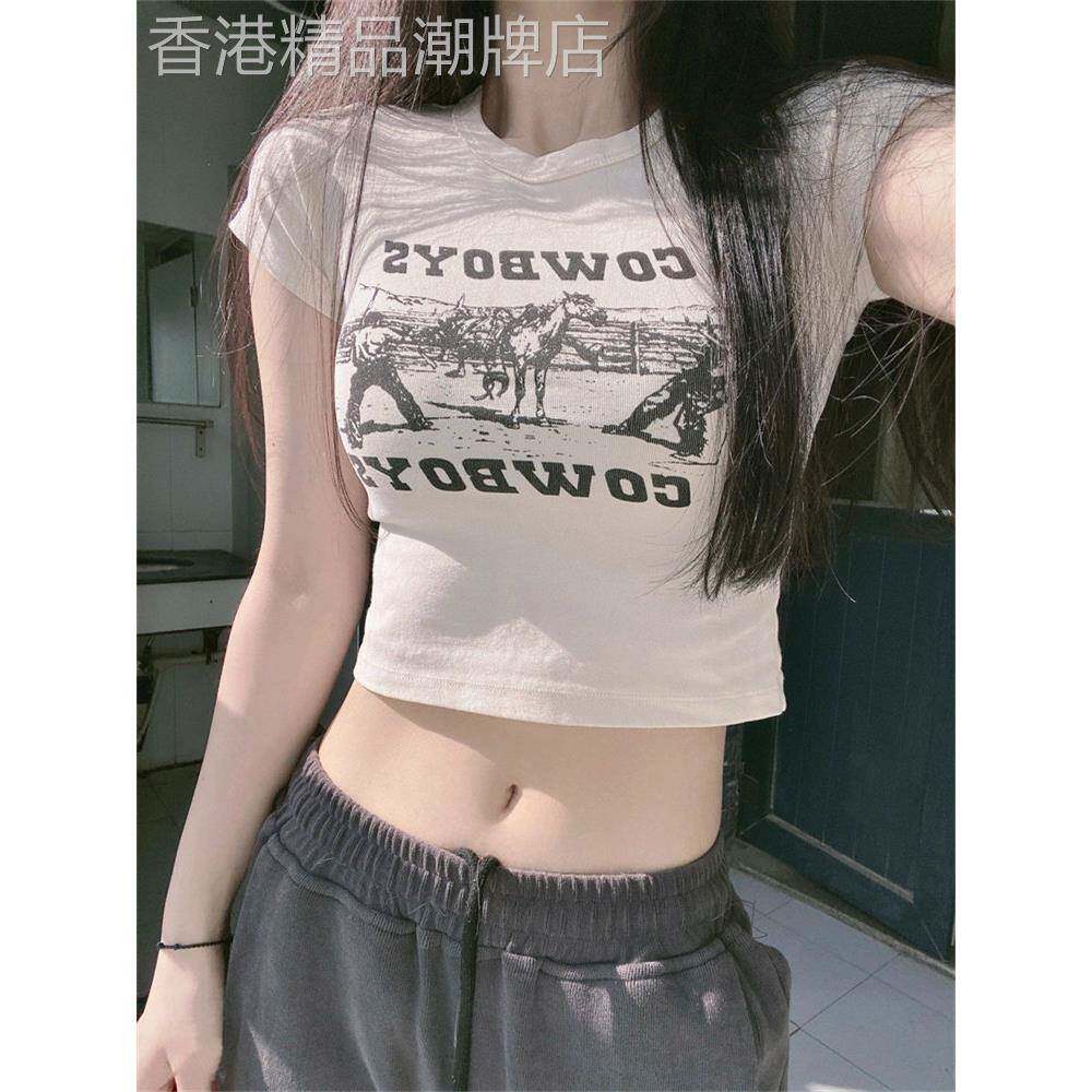 印花短袖t恤女夏季新款性感纯欲风高腰短款露脐半袖体恤上衣