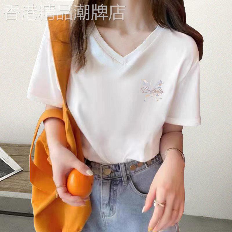 韩国2026年新款设计感小众V领蝴蝶印花短袖T恤女潮流百搭正肩上衣