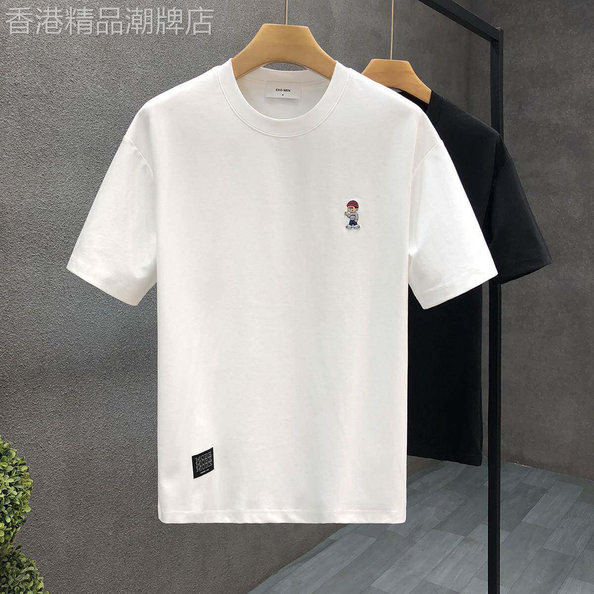 2026夏天简约英伦刺绣白色短袖T恤男潮牌圆领新款男士半袖T恤衫