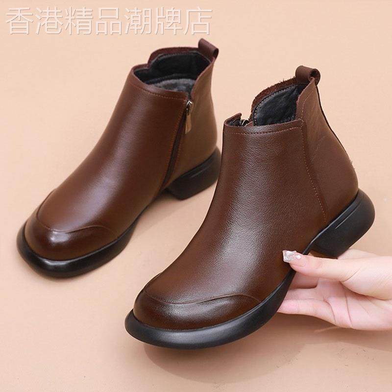 真皮平底短靴女2025新款单靴大码中老年女士皮鞋冬季加绒妈妈棉鞋