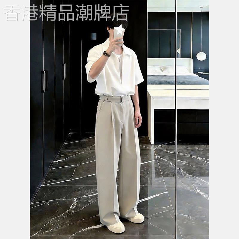 轻奢老钱风高级感穿搭套装男夏季人夫感白色V领衬衫垂坠西裤整套