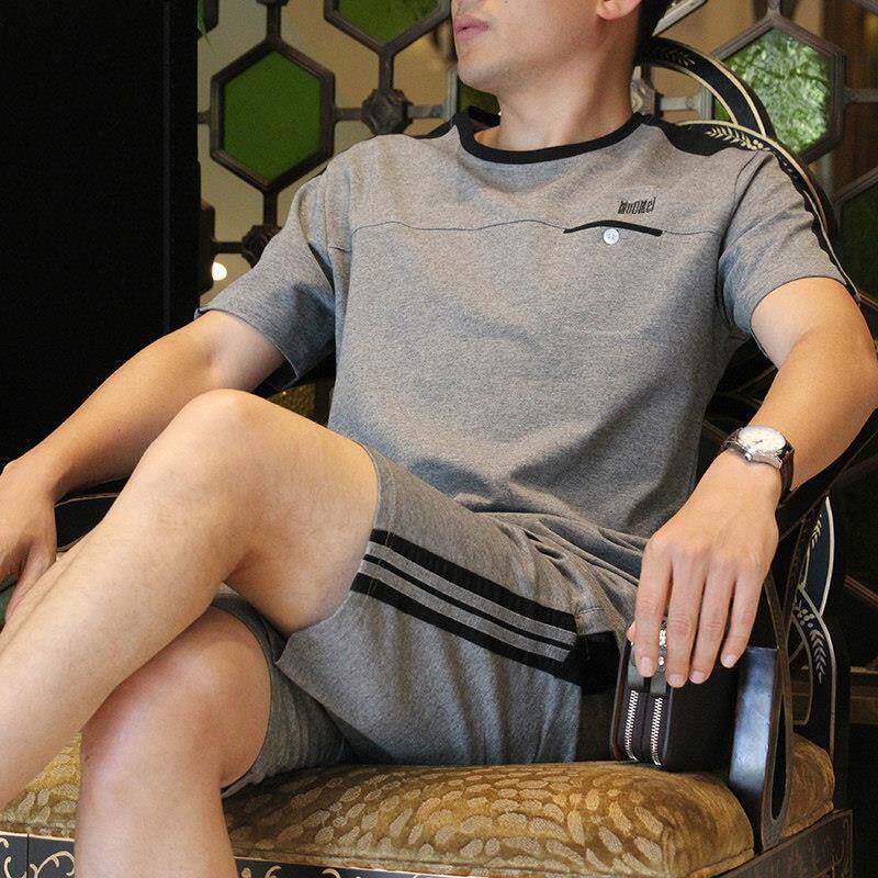 高档可外穿家居服男款夏季薄款纯棉短袖短裤睡衣中年运动套装夏款