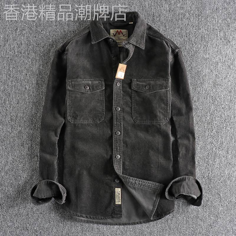 代购欧美覆古水洗灯芯绒长袖衬衫男简约宽松百搭秋冬衬衣外套上衣