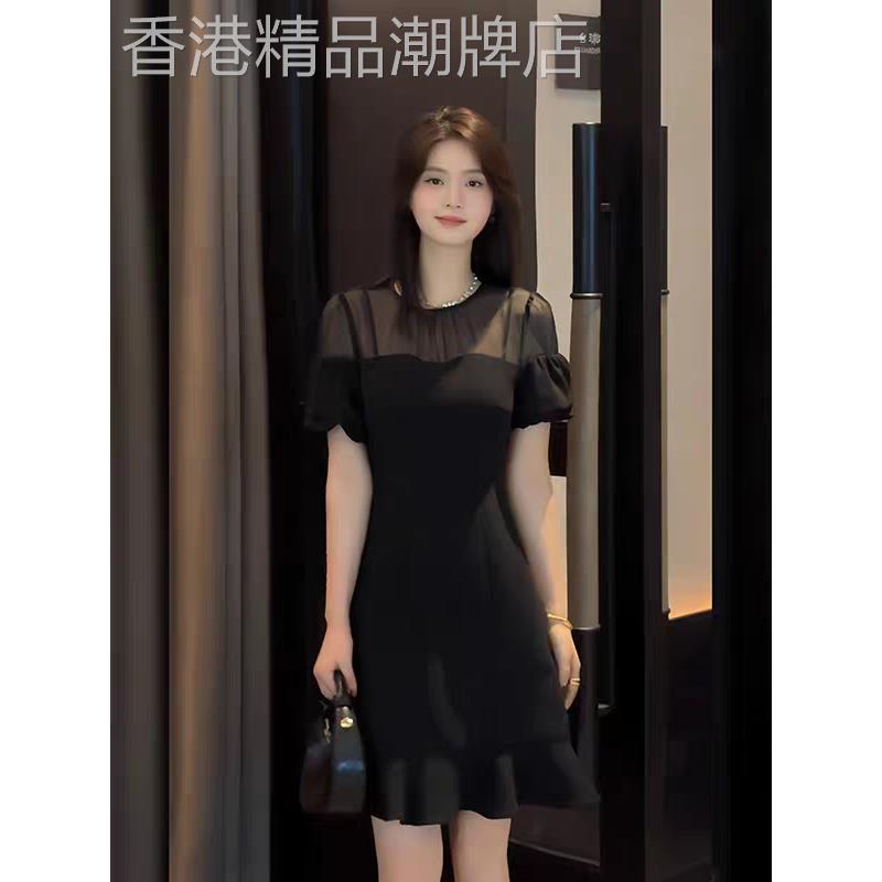 欧洲站2026夏季新款赫本风网纱拼接短袖洋装法式轻奢气质小黑裙