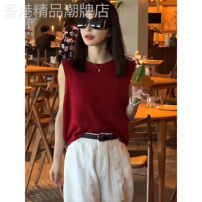 红色冰丝针织背心女装2026夏季薄款小众外穿工字后背镂空无袖上衣