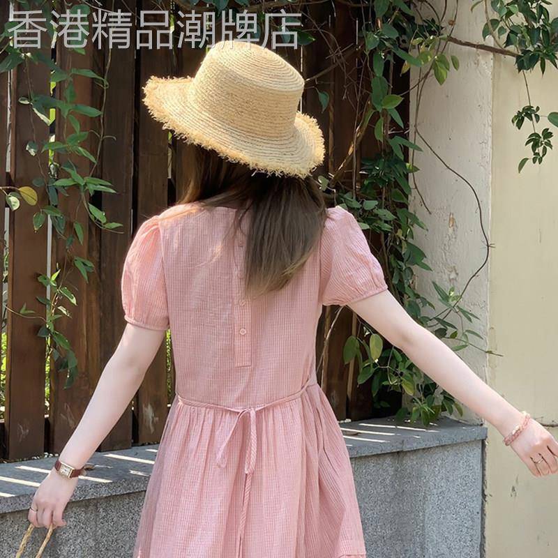法式温柔风粉色短袖洋装女2026春季新款泡泡袖独特漂亮宽松裙子