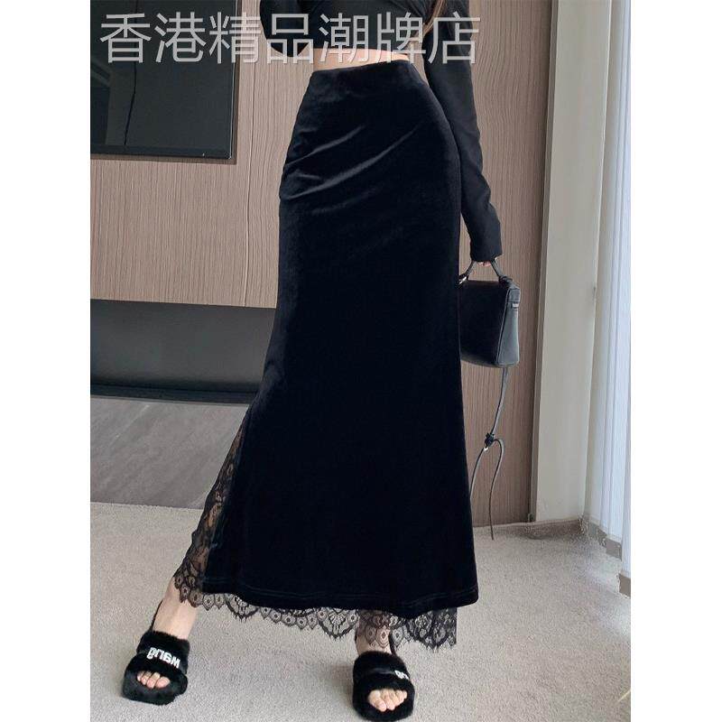 高端黑色金丝绒半身裙女春秋欧货高腰开叉包臀裙覆古中长款一步裙