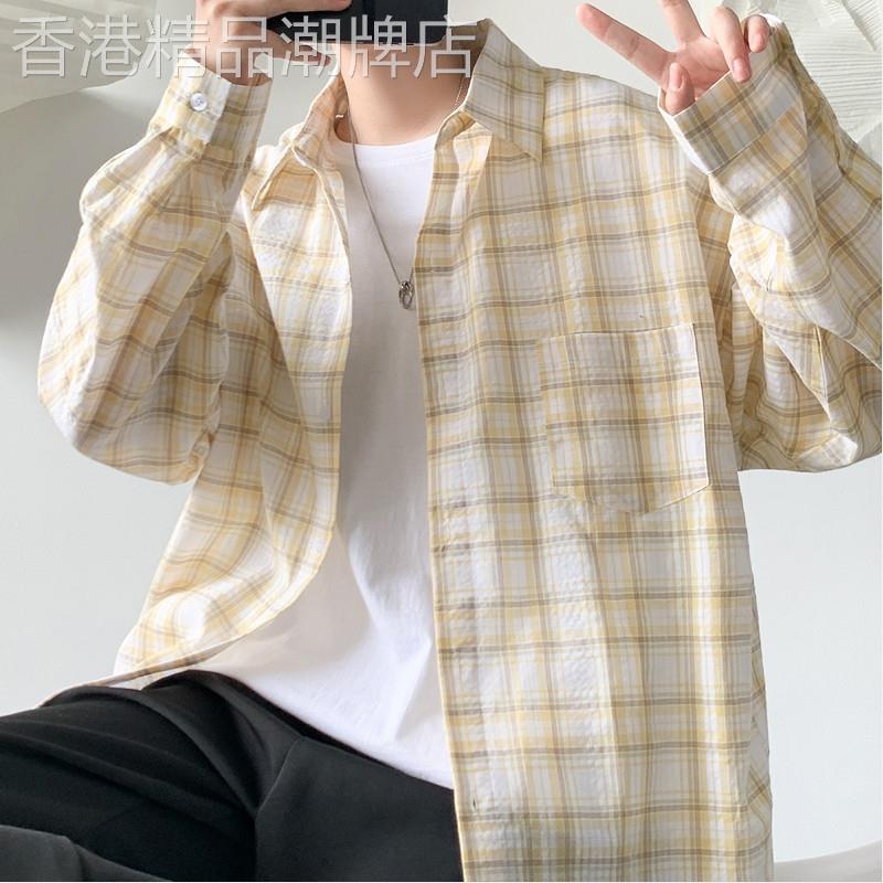 潮牌格子衬衫男士夏季港风薄款冰丝防晒衣宽松百搭长袖衬衣外套薄