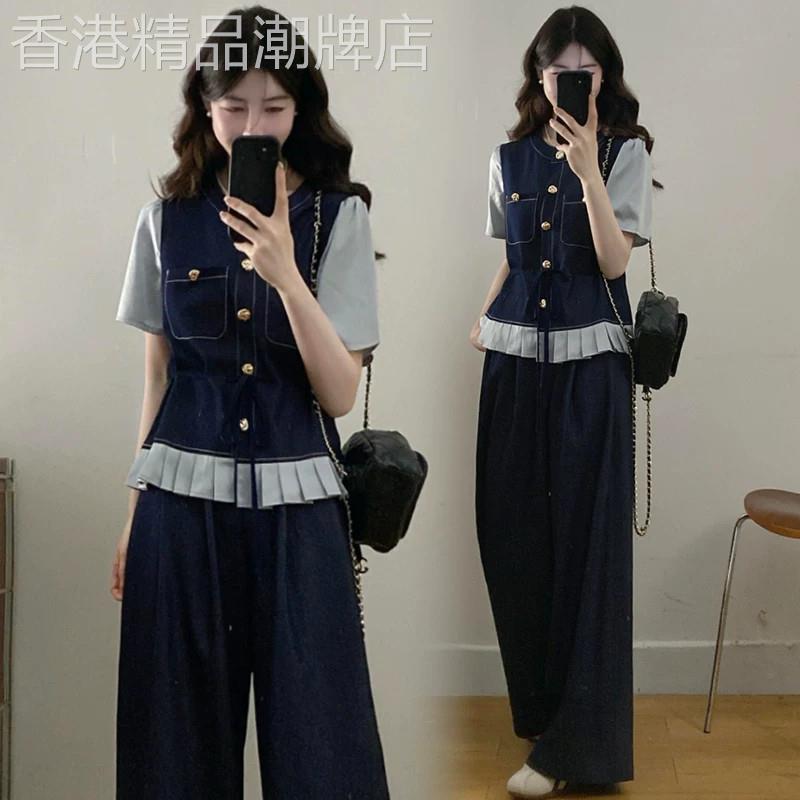 香港代购时尚牛仔套装女夏季新款显瘦拼接压褶短袖阔腿裤子两件套