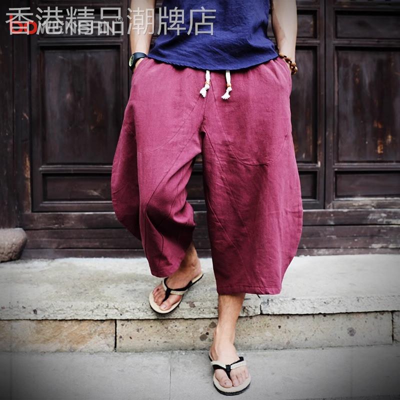 中国风亚麻七分裤男士2025新款夏季宽松大码棉麻阔腿休闲短裤男款