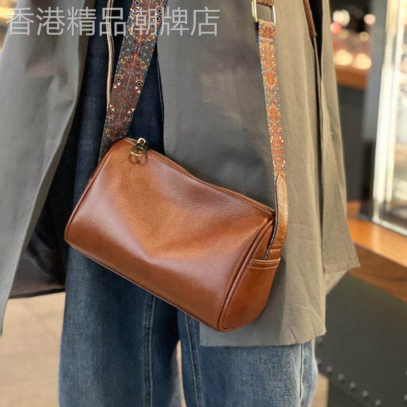 法国正品MK Jessie牛皮包包女枕头包复古单肩斜挎包宽肩带圆筒包