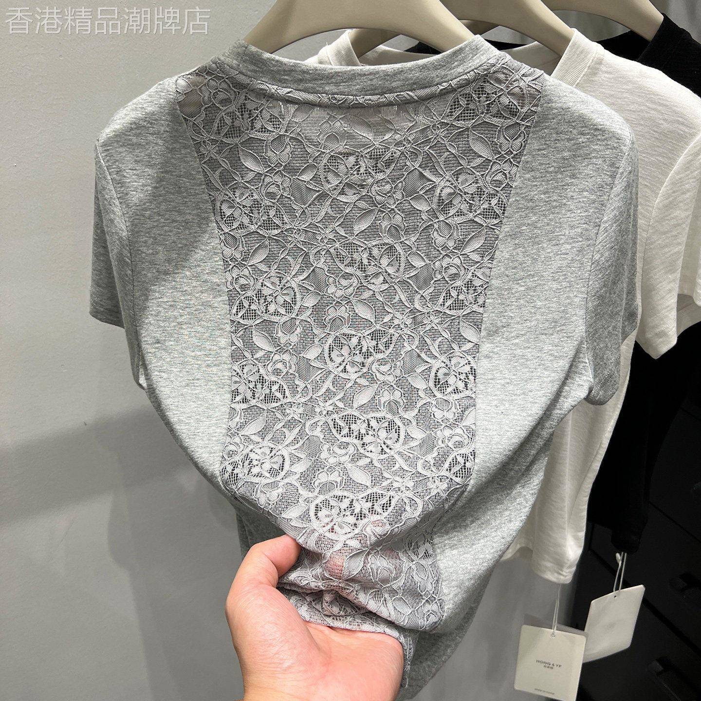 灰色短袖T恤女2026夏季新款设计感后背镂空蕾丝拼接外穿修身上衣