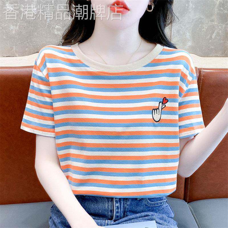 韩国纯色洋气刺绣短袖t恤女2026夏季新款宽松条纹显瘦休闲上衣潮
