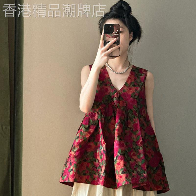 法式复古红色无袖碎花衬衫女2025夏季新款超好看独特漂亮背心上衣