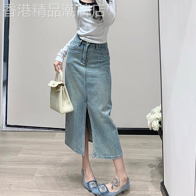 浅蓝色烫钻牛仔半身裙女夏季2025新款高腰显瘦中长版a字开叉裙子