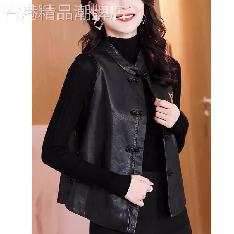 皮衣马甲女春秋外穿2025新款小个子中式国风盘扣马夹背心外套上衣