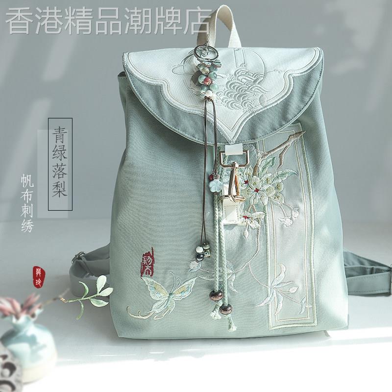 新款夏季复古揹包中式民族古风汉服森系文艺刺绣抽绳帆布双肩包女