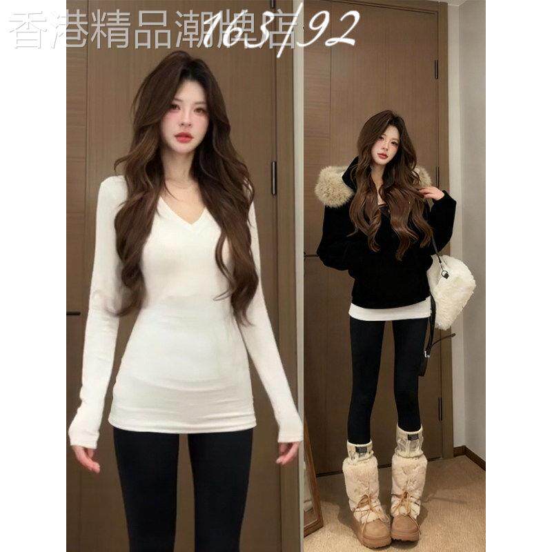 白色打底衫女春秋季2026新款高级感内搭中长版修身V领长袖T恤上衣