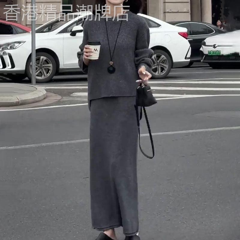 韩版时尚设计感灰色套装女2026春季新款宽松圆领上衣+休闲半身裙