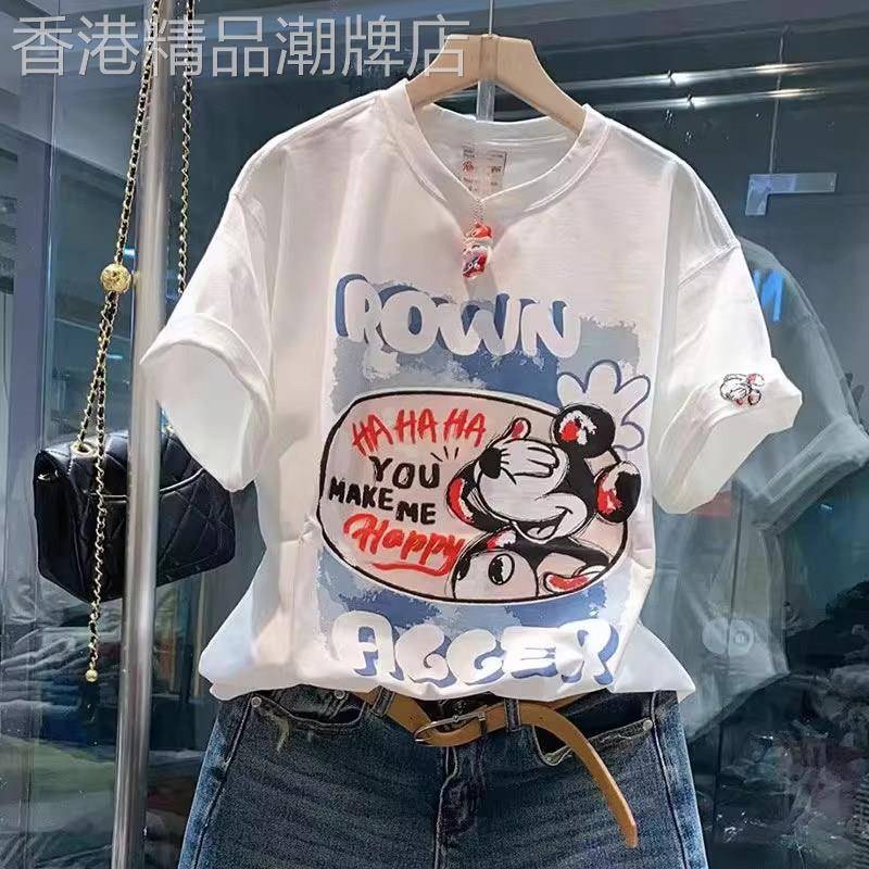 白色韩版卡通米奇印花短袖T恤女夏季欧货通勤风百搭宽松纯棉上衣