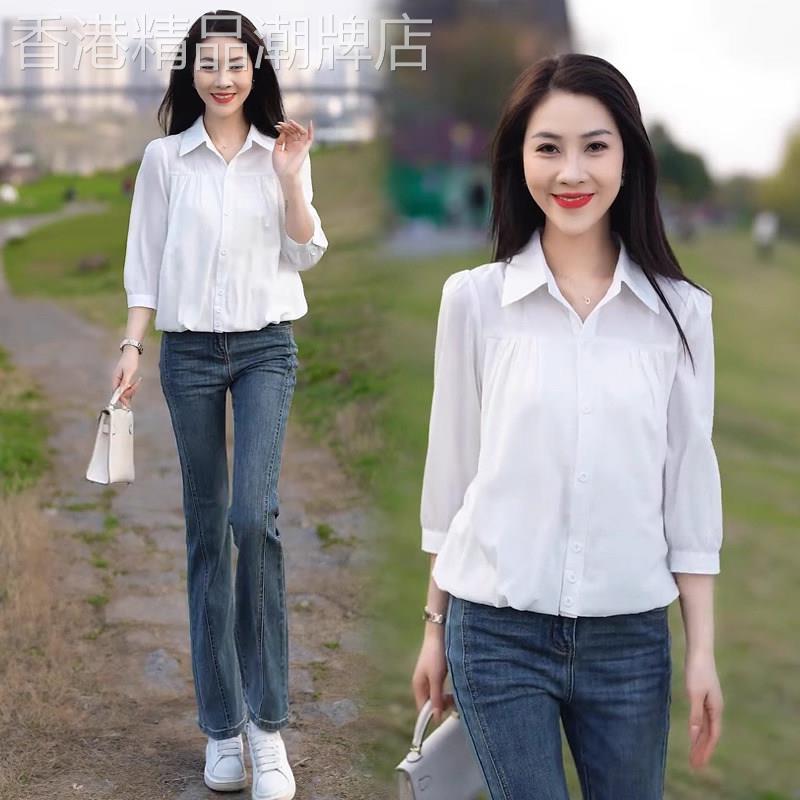 白色衬衫女士春秋2025新款高级设计感减龄洋气休闲七分袖衬衣上衣