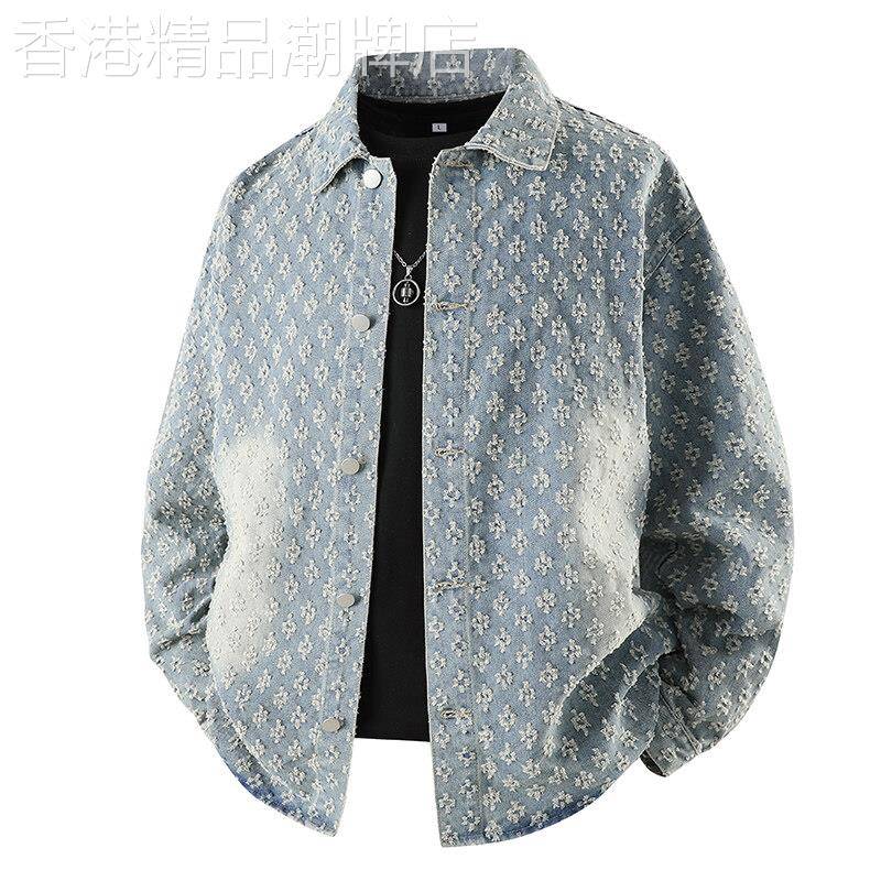 水洗牛仔外套男春秋季新款港风宽松翻领情侣夹克覆古潮流勾花上衣