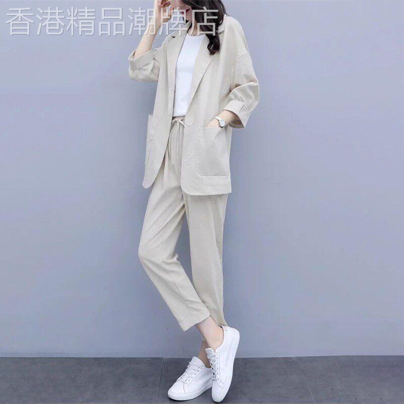 潮牌时尚休闲七分袖西装套装女2026年夏季减龄显瘦棉麻西服两件套