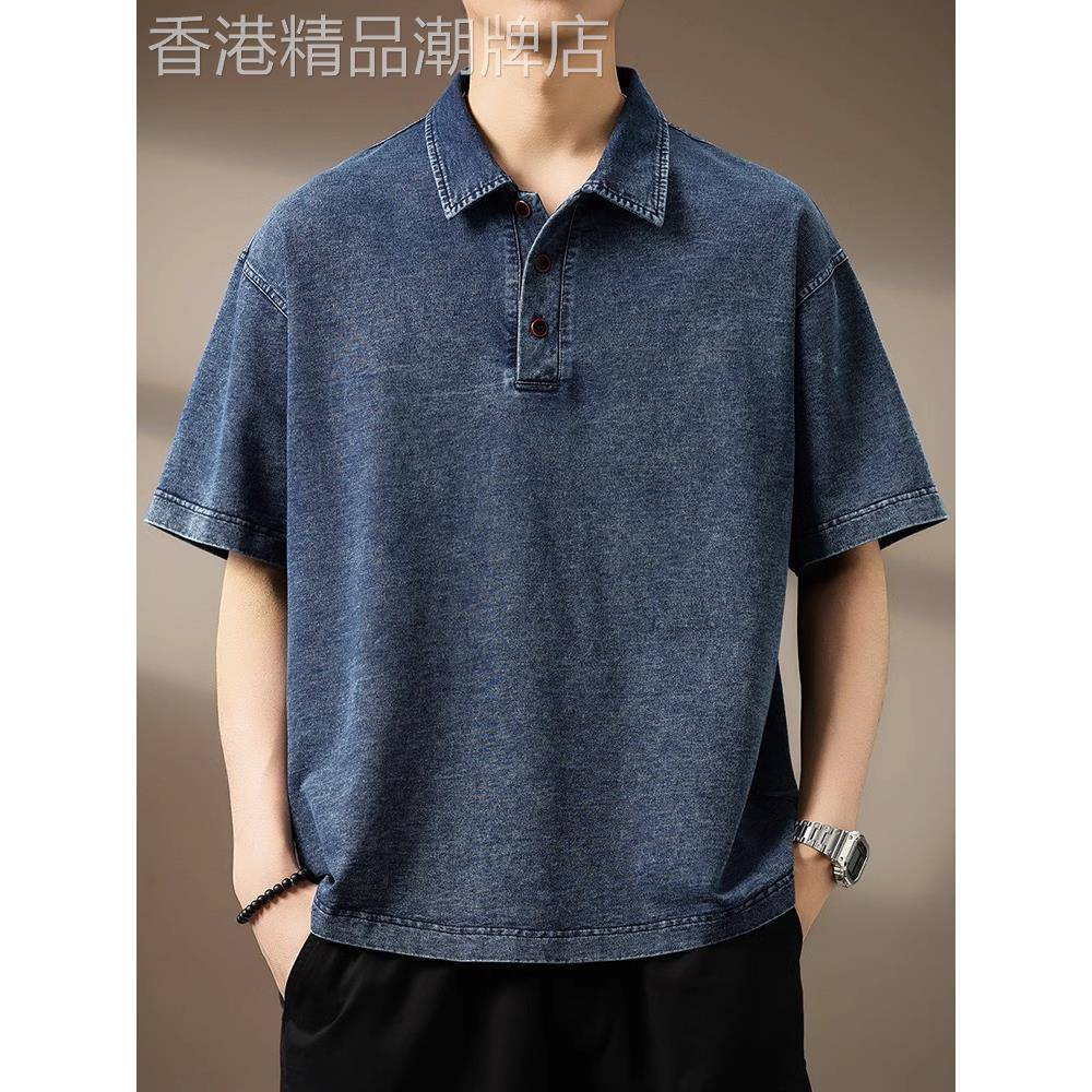 意大利经典覆古短袖牛仔Polo衫男士夏季美国时尚品牌宽松大尺寸休