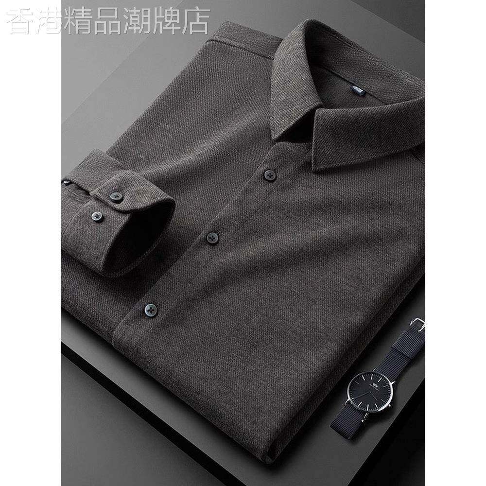 秋冬季磨毛呢长袖衬衫男士修身商务休闲保暖衬衣加绒加厚通勤上衣