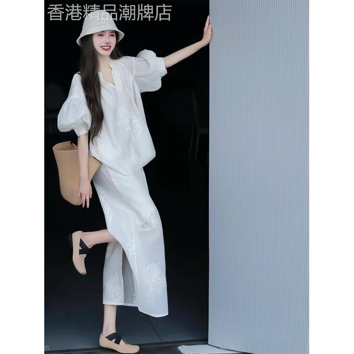 欧洲站夏季新款法式温柔风气质白色刺绣灯笼袖衬衫半身裙两件式套