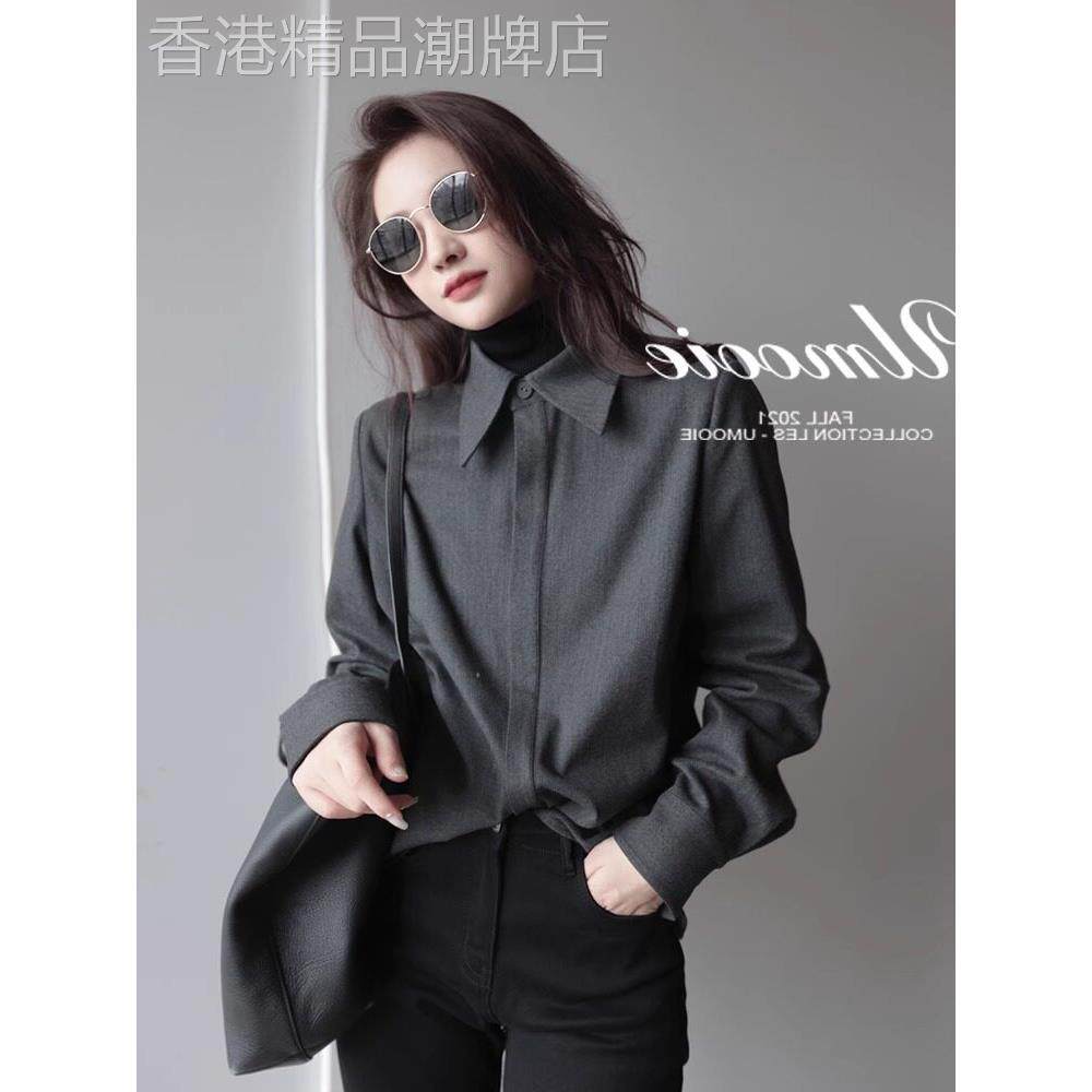 灰色长袖衬衫女秋冬2025新款职业通勤衬衣高级感内搭叠穿休闲上衣