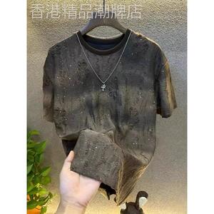 代购夏季新款轻奢高品质男士满天星短袖T恤亮片渐变破洞圆领上衣