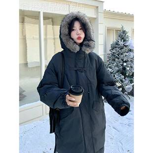 灰色大毛领羽绒服女中长款2025冬韩系覆古牛角扣连帽90白鸭绒外套