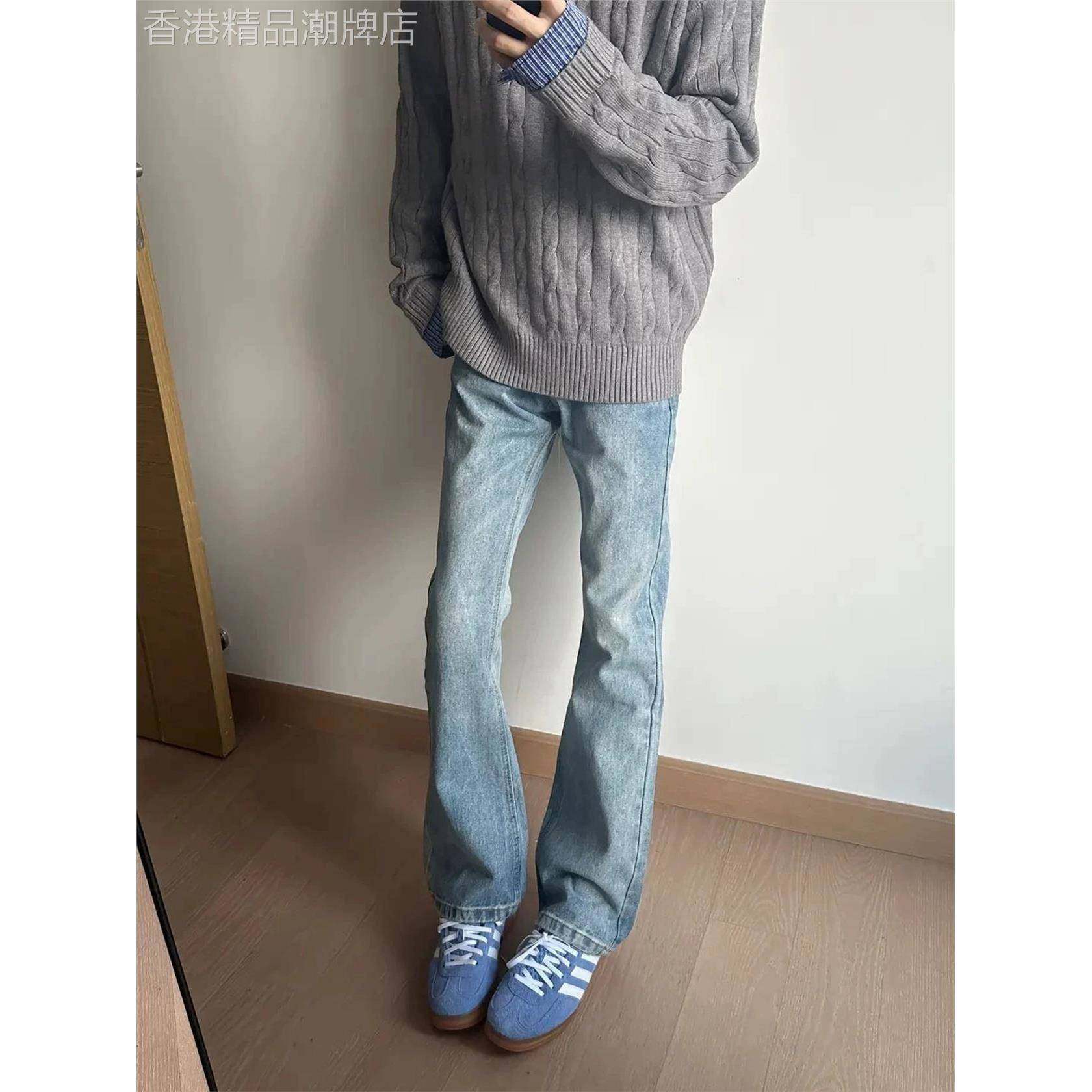 浅蓝色弯刀牛仔裤男款2025春秋季修身直筒裤新款高腰窄版微喇裤子