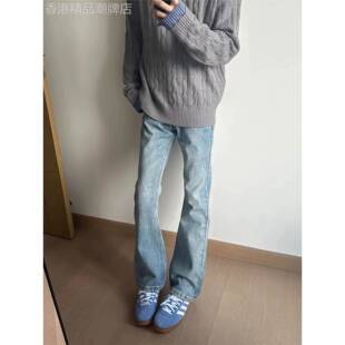 浅蓝色弯刀牛仔裤男款2025春秋季修身直筒裤新款高腰窄版微喇裤子