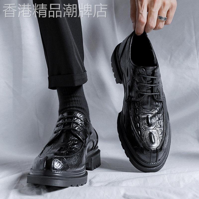2025新款黑色内增高男鞋 鱼纹商务正装皮鞋 夏季透气休闲男皮鞋