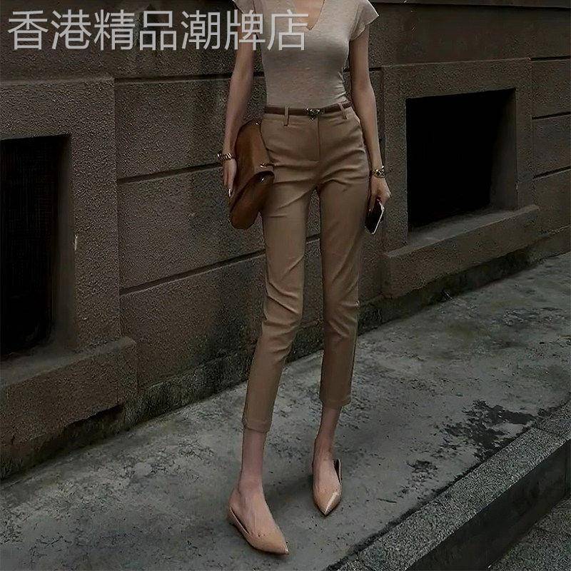 西装裤女春夏新款卡其色裤子小脚铅笔裤高腰显瘦烟管裤休闲九分裤