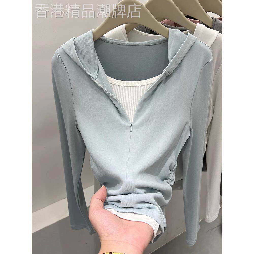 2025春秋新款假两件长袖t恤女高级感小众拼接撞色设计感褶皱帽衫