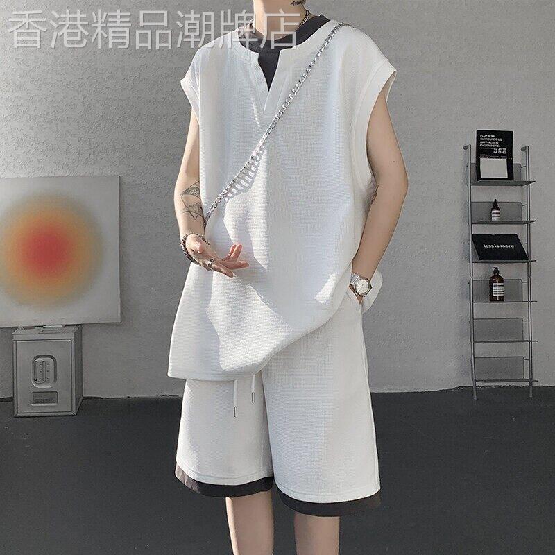 潮牌假两件运动套装男士夏季休闲宽松潮流肌理感V领背心短袖套装